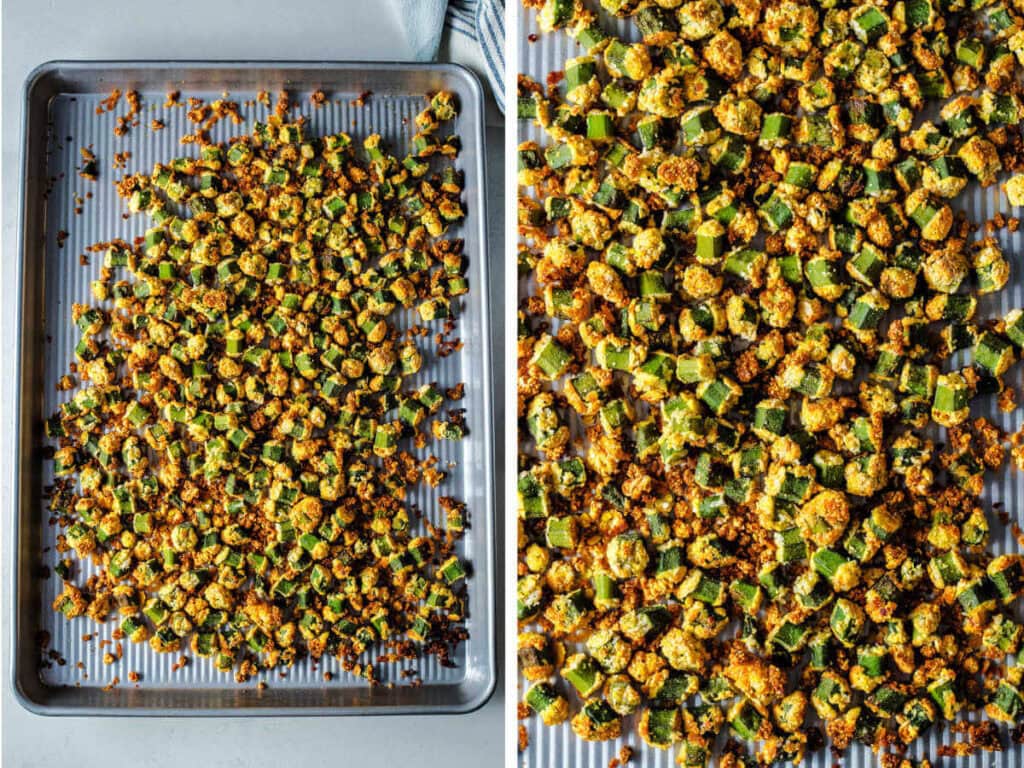 Side by side images showing browned okra on a baking sheet.