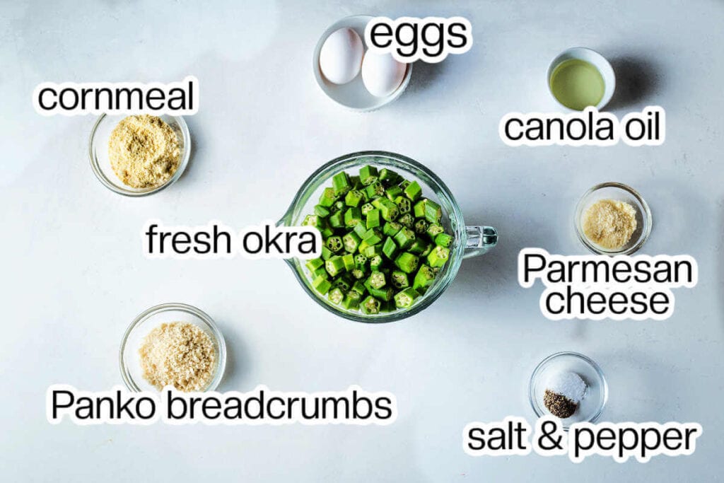 Ingredients for oven-fried okra on a table.