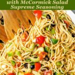 Spaghetti Pasta Salad tossed with Italian dressing with a text overlay.
