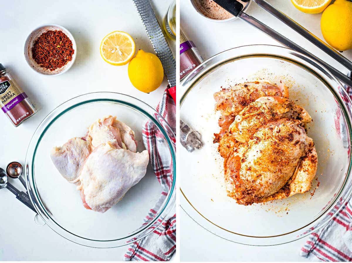 Side by side images of raw chicken thighs in a bowl and of chicken thighs seasoned with spices.