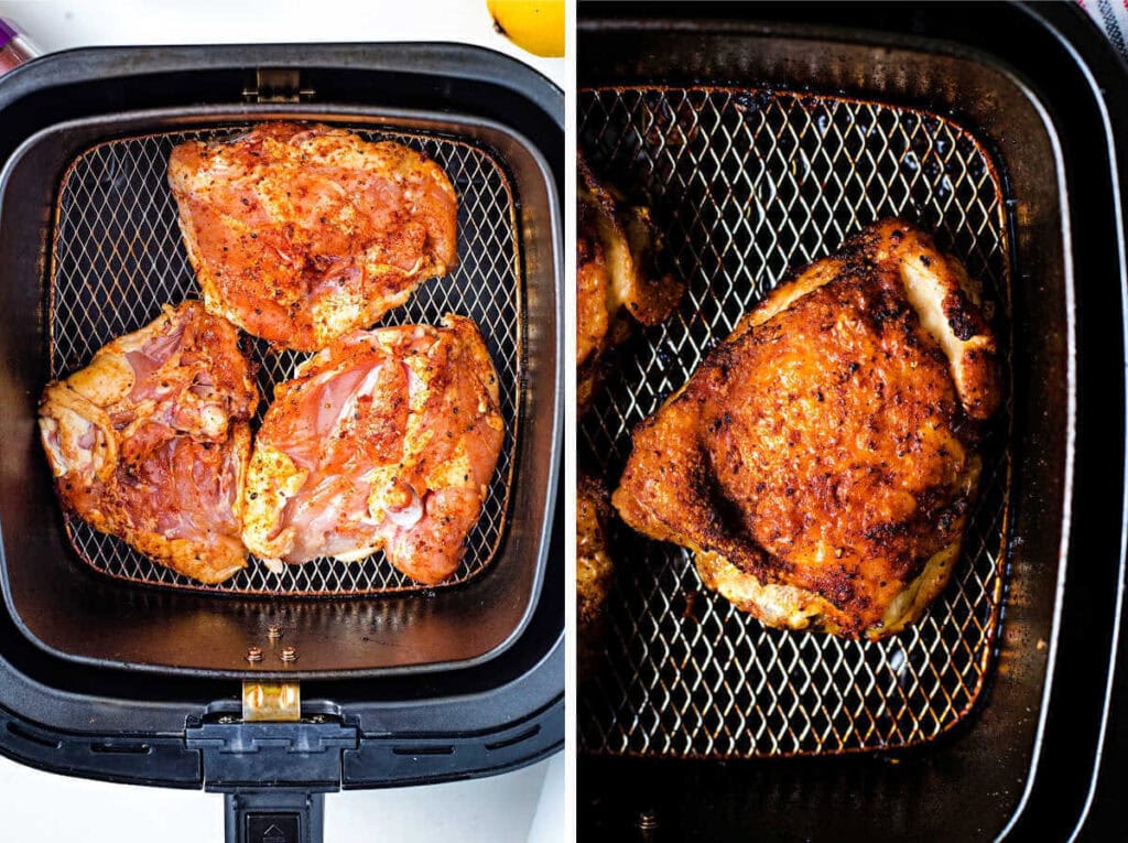 Side by side images of seasoned chicken thighs in an air fryer basket and cooked chicken thighs.