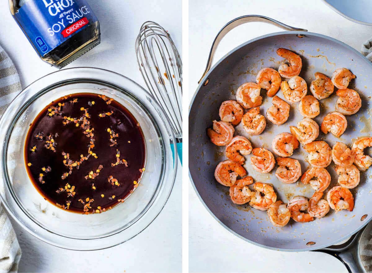 Side by side images of sauce in a glass bowl and cooking shrimp in a skillet.