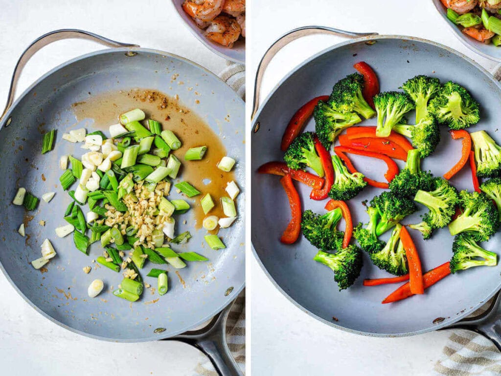 Side by side images of cooking onions and garlic in a skillet and another of cooking bell peppers and broccoli.