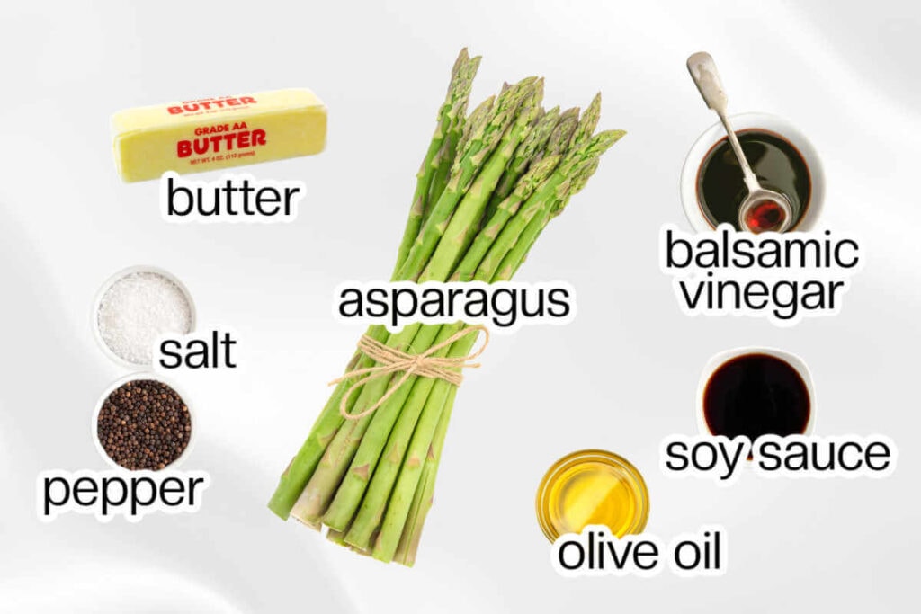Ingredients needed to make browned butter roasted asparagus.