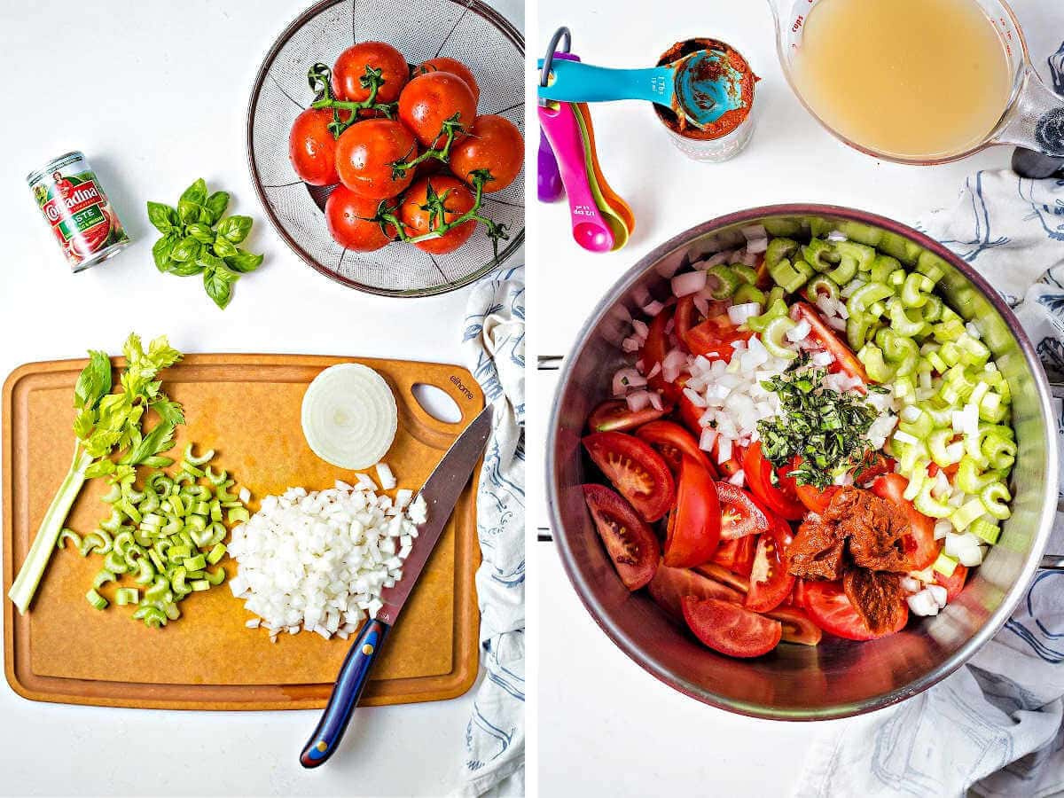 Fresh tomatoes, onions, and herbs for creamy tomato soup with Parmesan cornbread croutons.