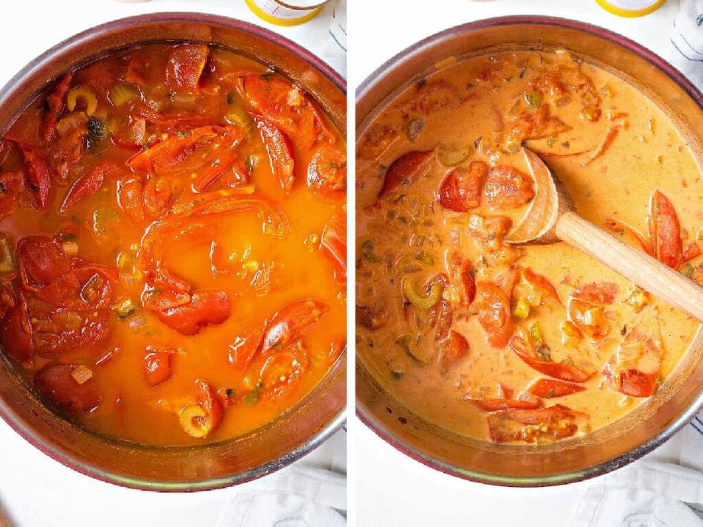 Side by side images of tomatoes simmering in a pot.