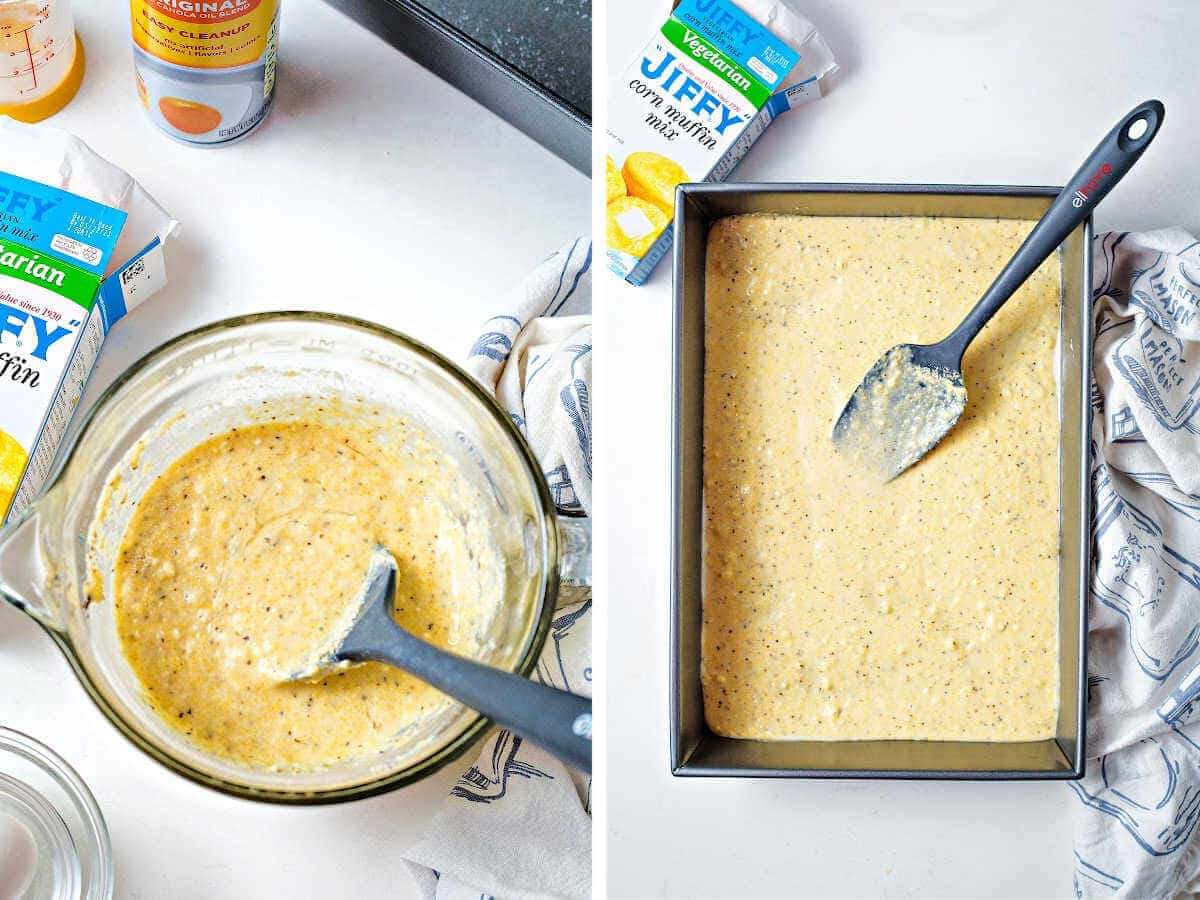 Side by side images showing cornbread batter in a bowl and then in a baking pan.