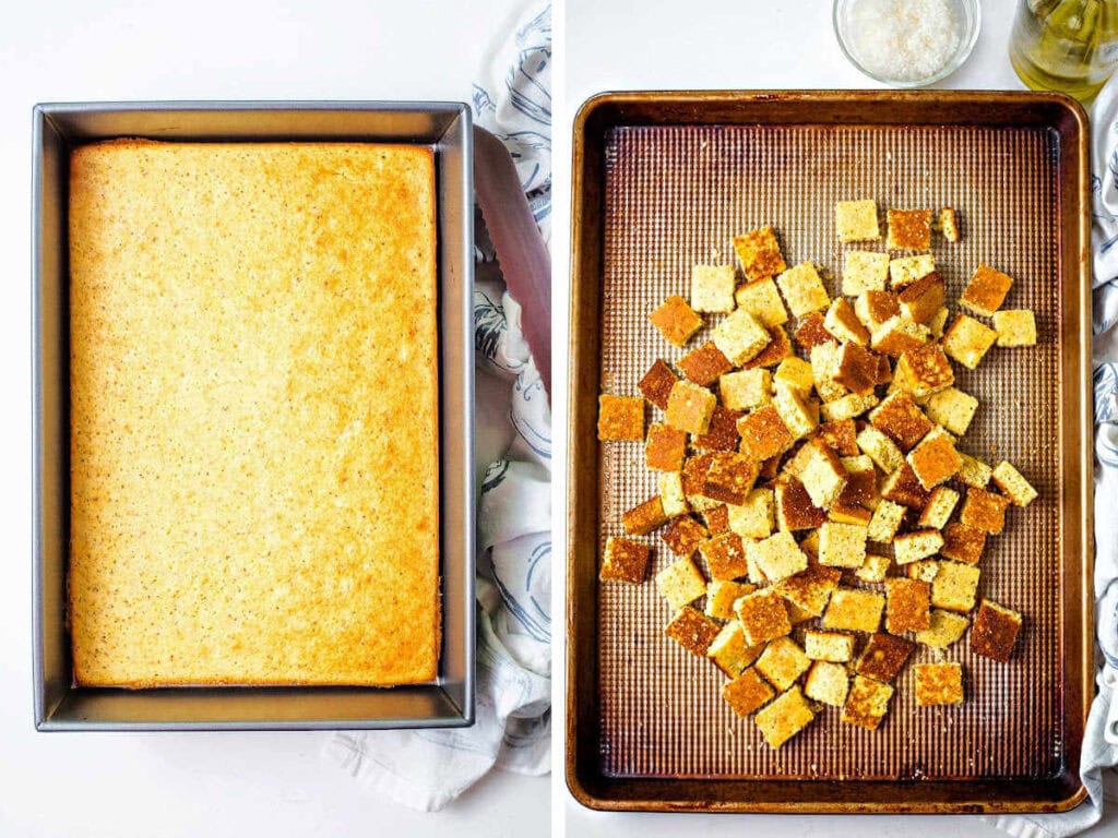 Side by side images of bake cornbread and toasted cubes of cornbread for croutons on a pan.