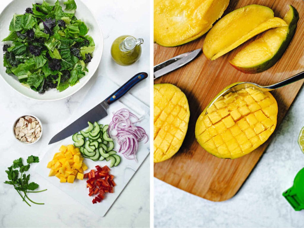Side by side photos of prepping vegetables and mango on cutting boards.