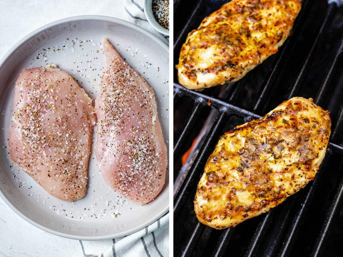 Side by side photos of seasoning and grilling chicken breast.