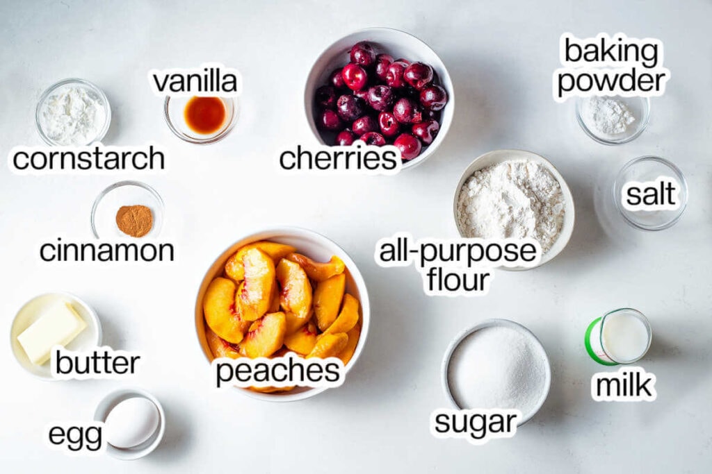 Ingredients needed to make peach cherry cobbler.