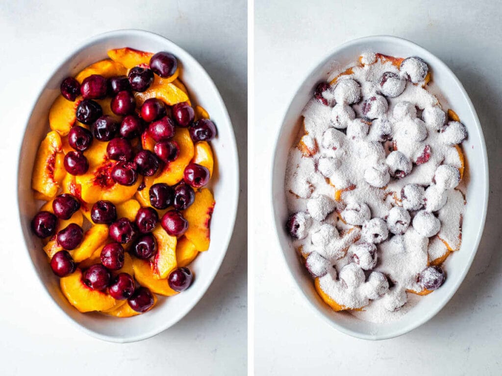 Two photos of assembling the fresh peach cherry cobbler filling.