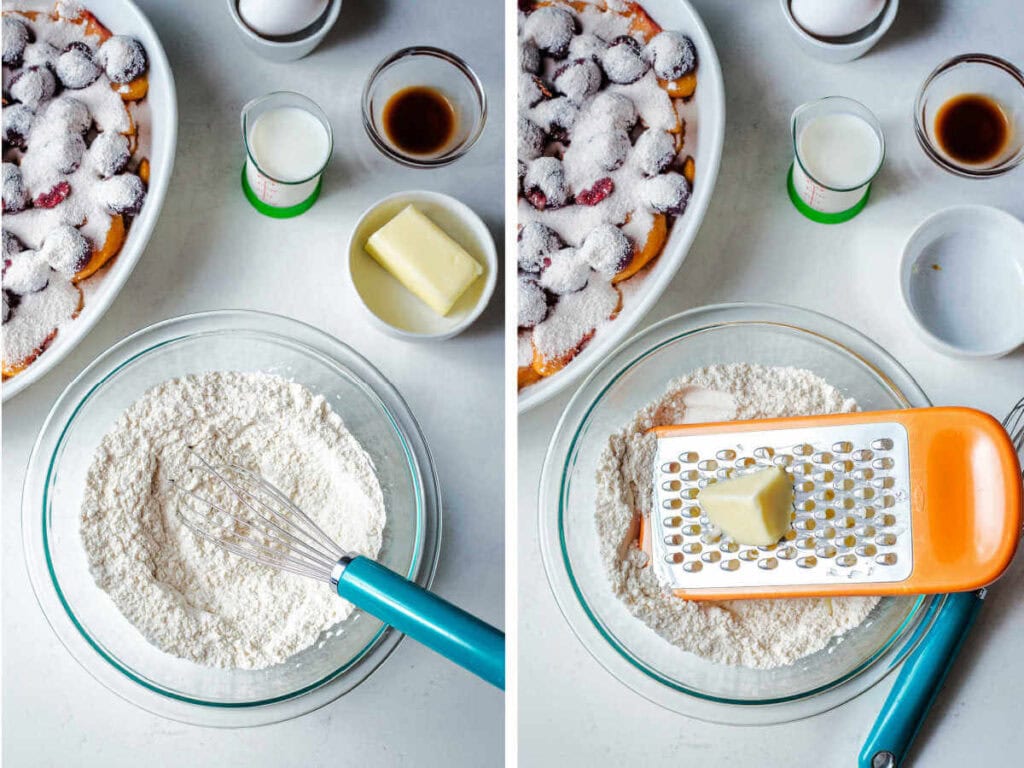 Side by side photos of mixing dry ingredients and added grated butter.