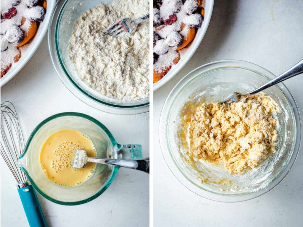Mixing eggs, milk and vanilla into the dry ingredients.