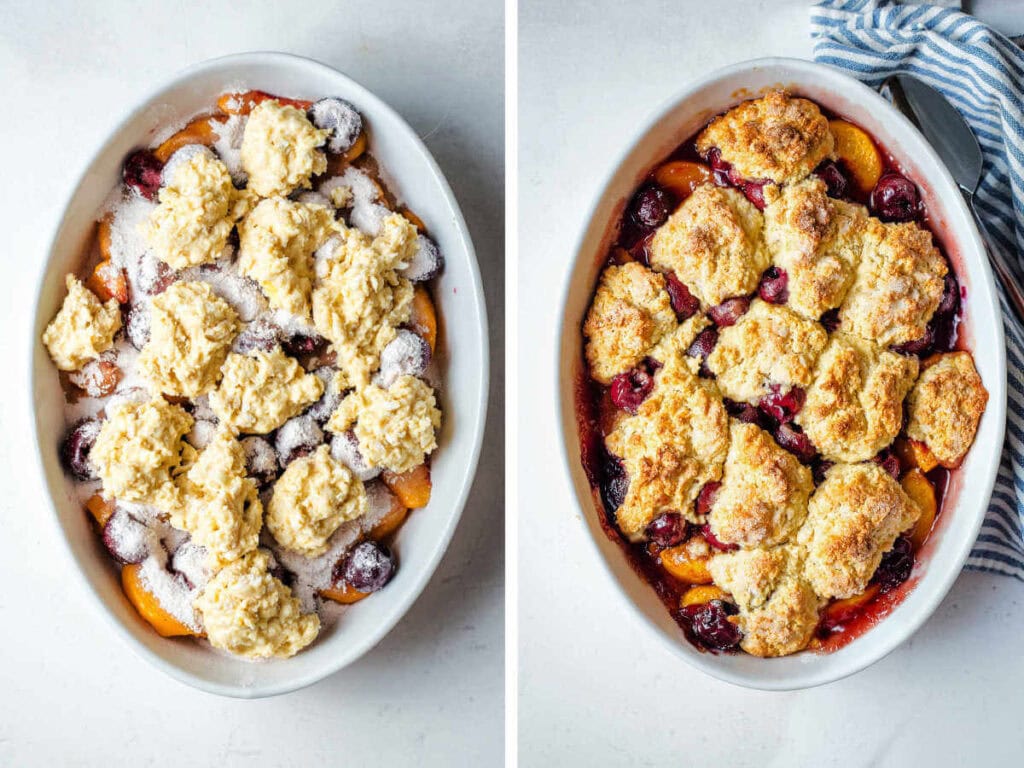 Side by side photos of unbaked and baked cherry peach cobbler.