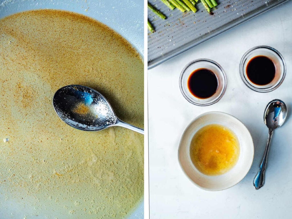 Side by side photos of browned butter in a pan, then adding balsamic and soy sauce to the browned butter.