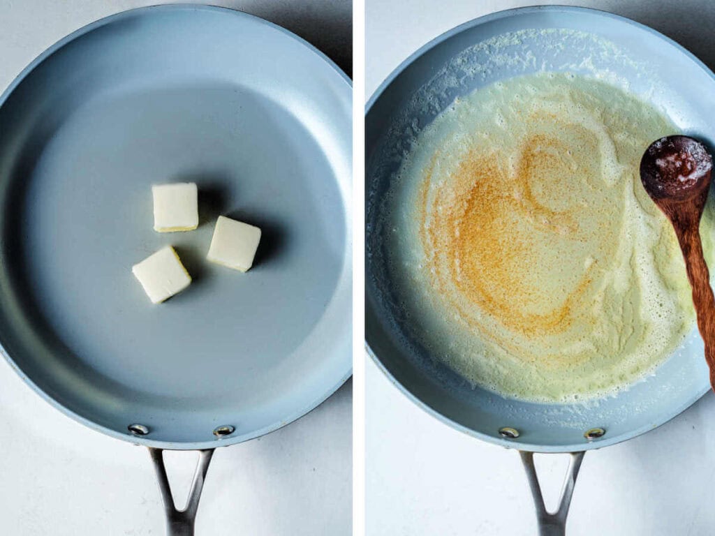 Side by side photos of butter melting in a pan.
