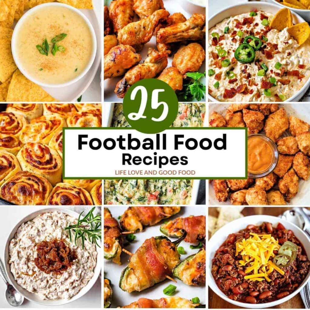 Collage of football snacks with a text overlay.