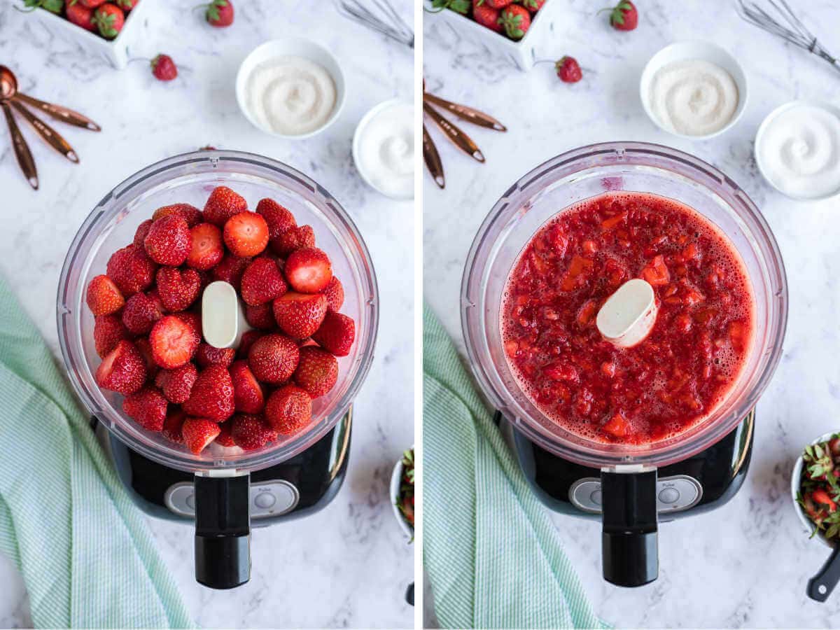 Side by side images of strawberries being mashed in a food processor.