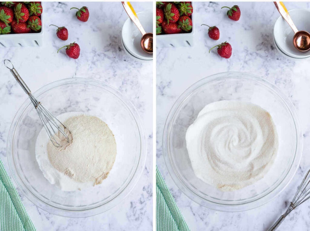 Side by side images of a bowl of sugar and pectin being mixed together.