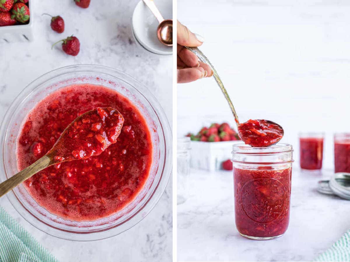 Side by side images of mixing jam ingredients together and of spooning the jam into a jar.
