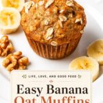 Single-image poster of banana oat muffins with Greek yogurt in warm tones of terracotta, deep brown, olive green, golden wheat, and soft cream.