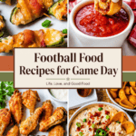 Quad-grid of four game day recipes in warm terracotta, deep brown, olive green, and cream tones — wings, dip, finger food, and chili arranged in a 2x2 layout.
