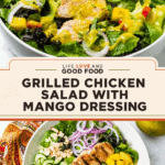 Two-panel collage showing a vibrant grilled chicken salad with mango dressing — warm terracotta and golden tones with fresh greens throughout.