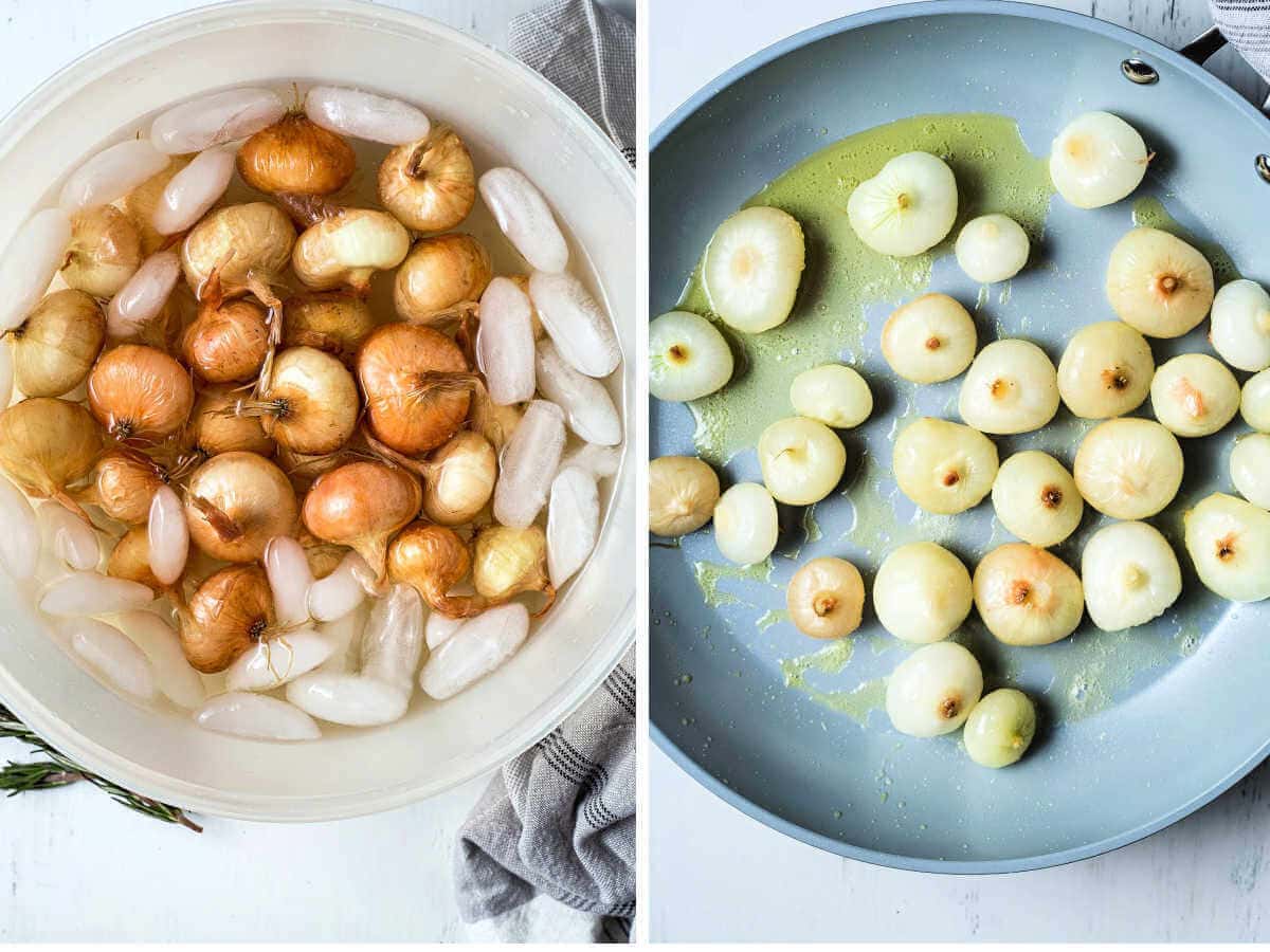 Side by side image showing soaking onions in ice water; saute in olive oil and butter.