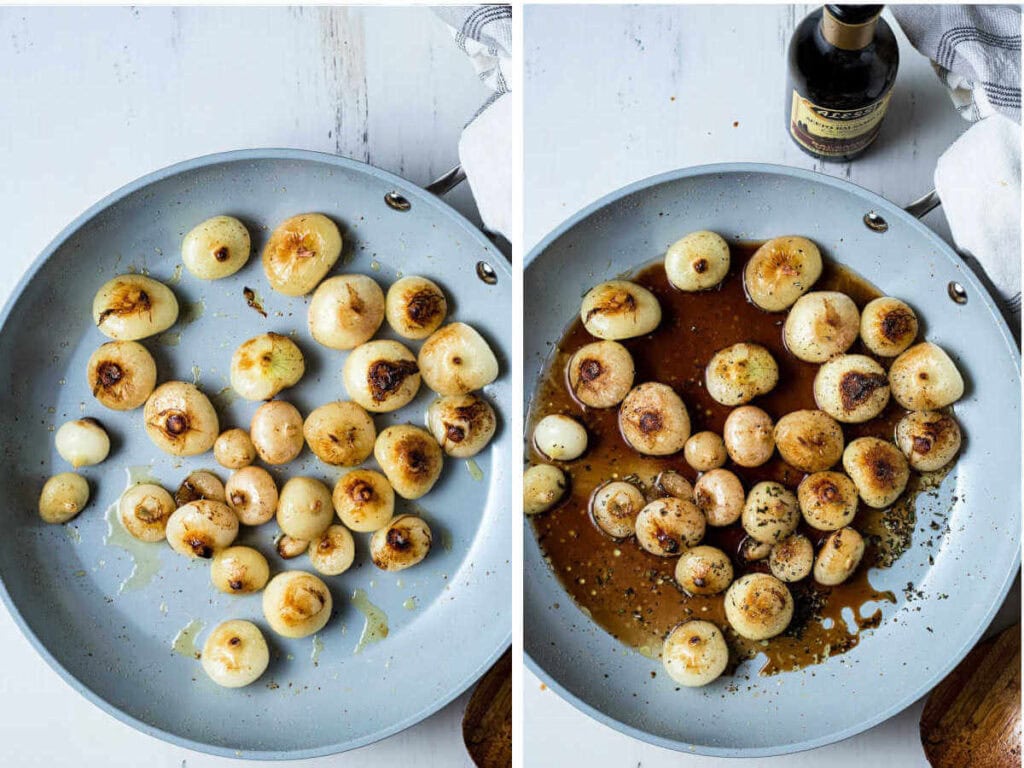 Side by side image showing browned onions; adding balsamic vinegar and rosemary.