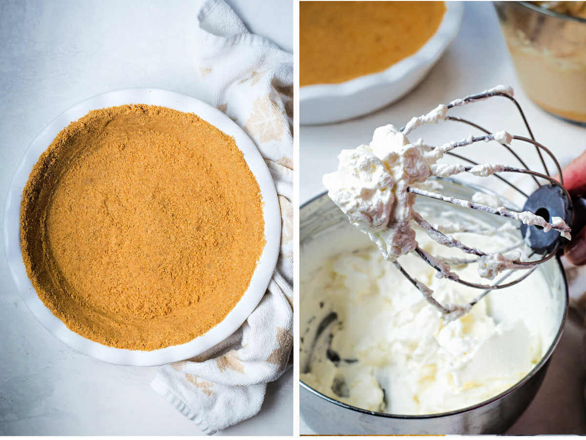 Side by side images of a graham cracker crust in a dish, and whipped cream on a beater.