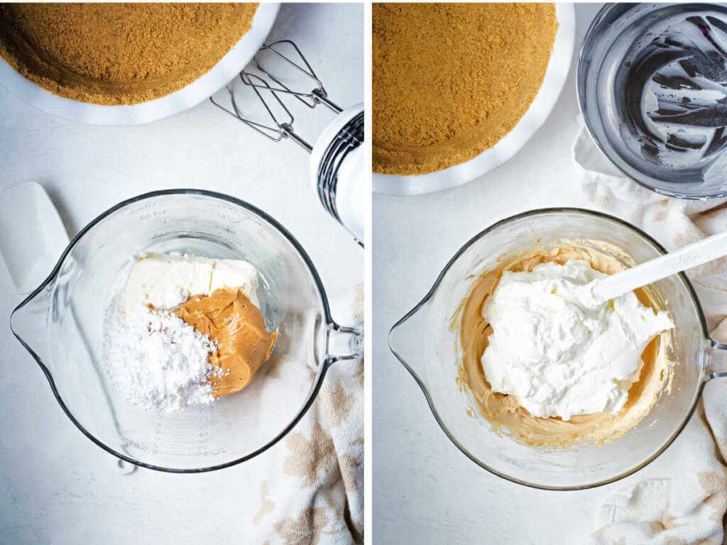 Side by side images of ingredients in a glass bowl to make peanut butter pie.