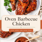 Two-panel collage showing oven barbecue chicken glazed with Memphis-style BBQ sauce — one close-up of the sticky caramelized glaze, one full platter shot with warm terracotta and cream tones.