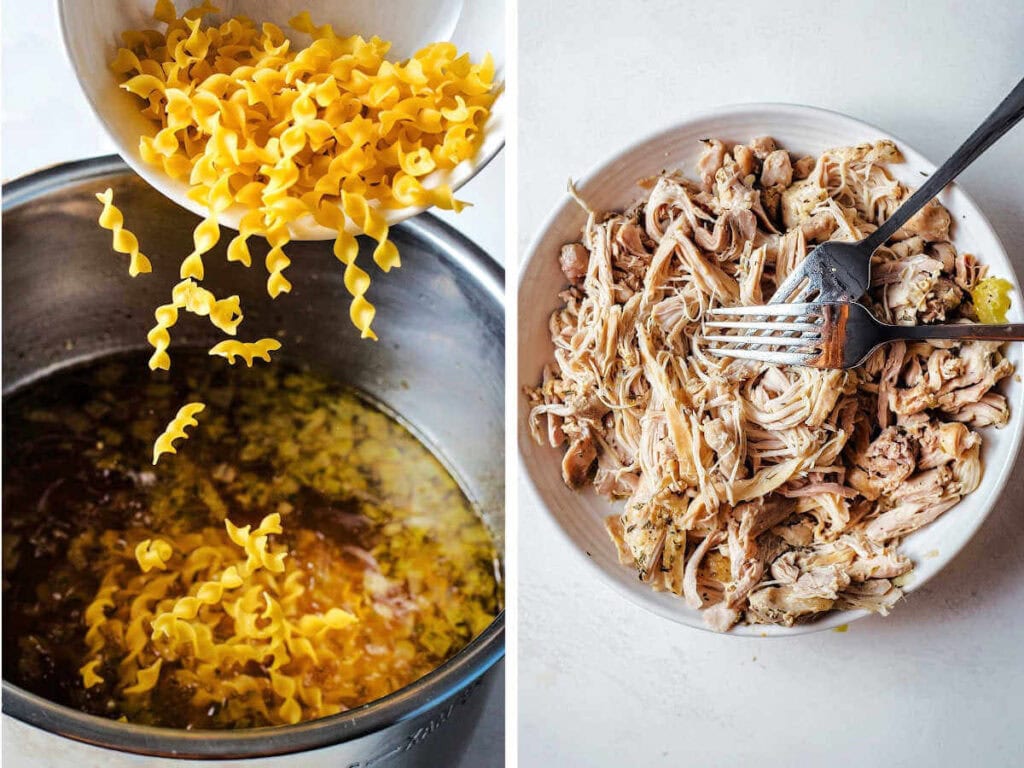 Side by side photos showing adding egg noodles to the Instant Pot and shredding chicken.