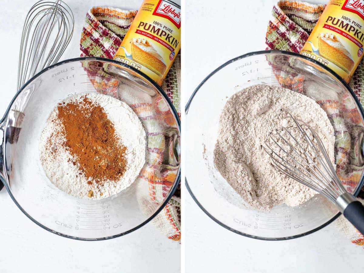Side by side images showing flour and spices for pumpkin bars.