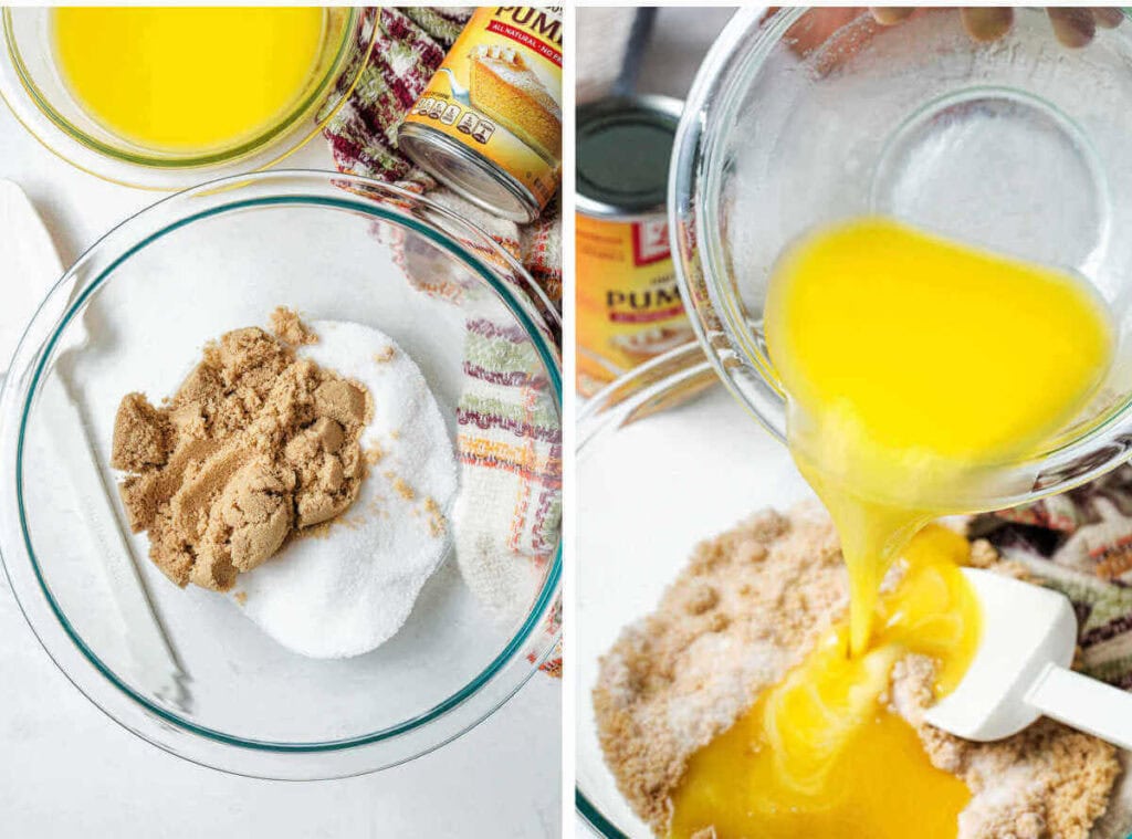 Side by side images showing combining sugars and melted butter for pumpkin bars.