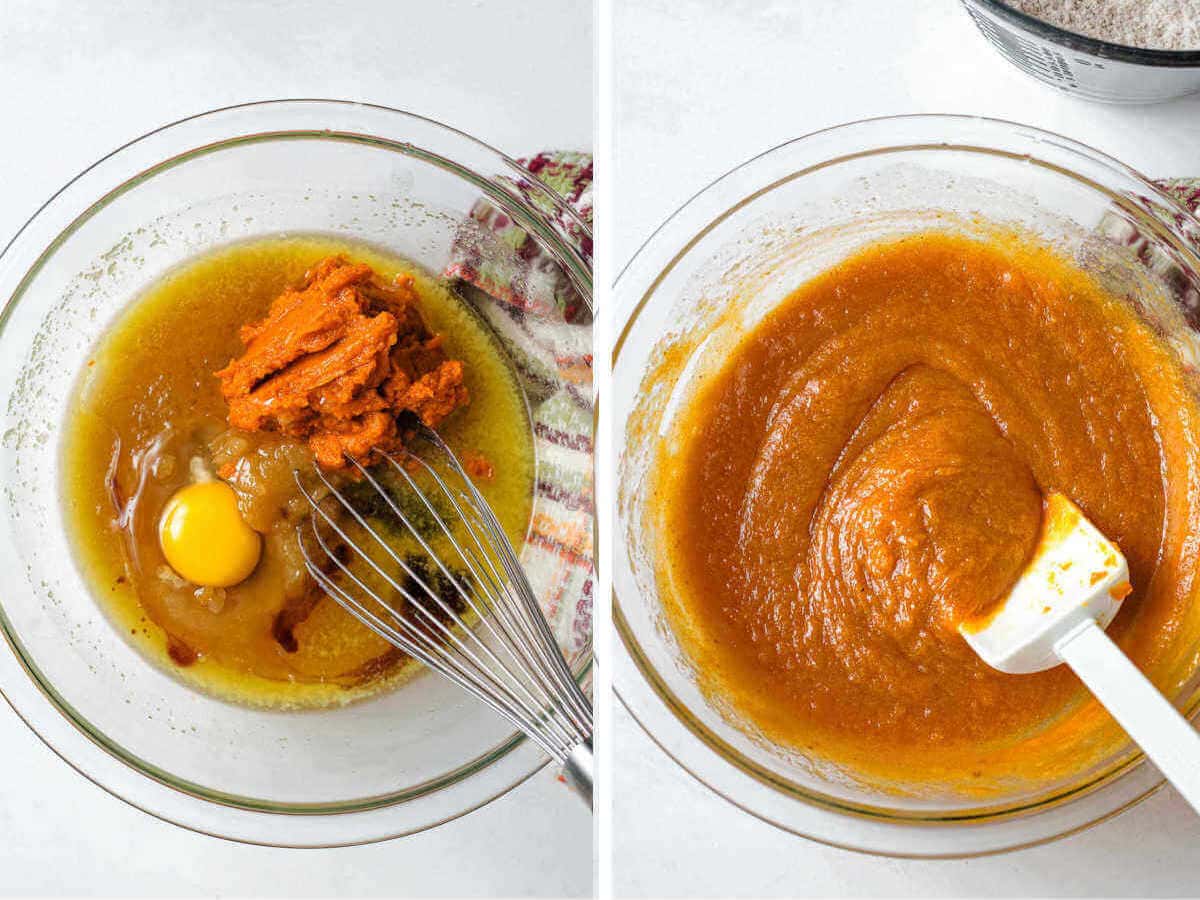 Side by side images showing combining pumpkin and egg in pumpkin bar batter.