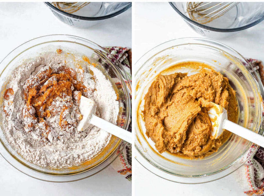 Side by side images showing wet and dry ingredients being combined.