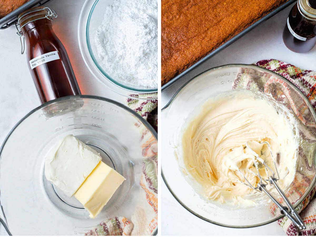 Side by side images showing beating cream cheese and other ingredients for icing for pumpkin bars.